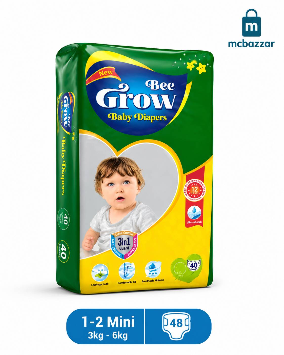Bee Grow Baby Diapers 1-2 Mini - 3kg to 6kg - 48 Pcs