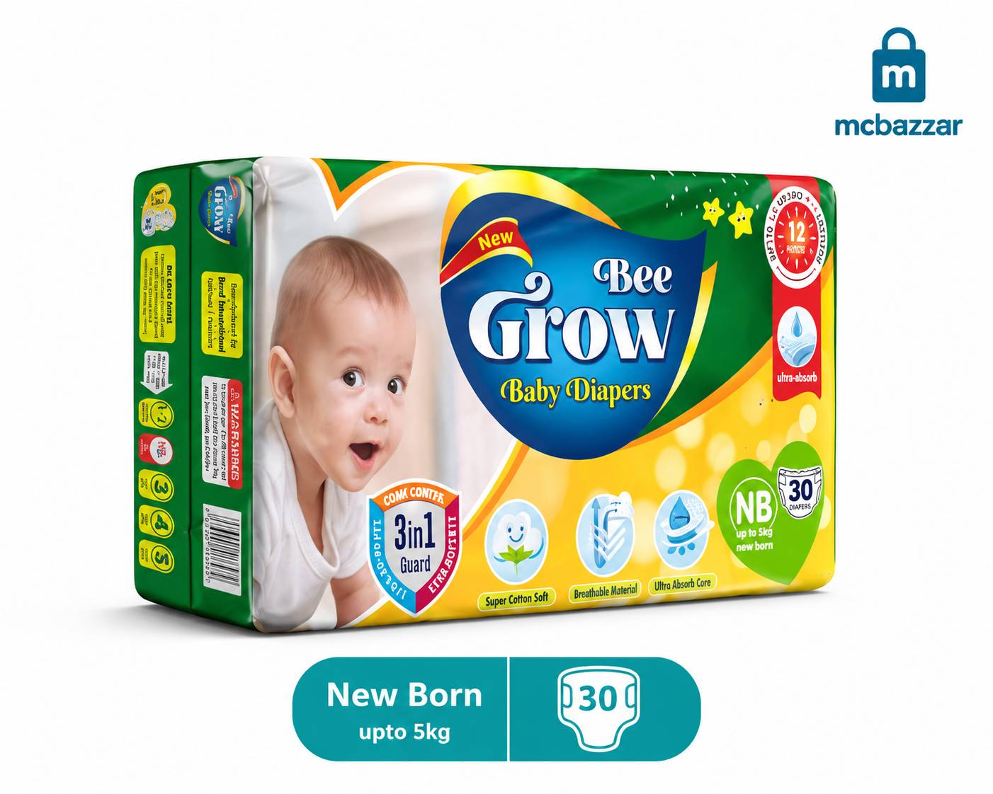 Bee Grow New Born Baby Diaper - Upto 5kg - 30 Pcs