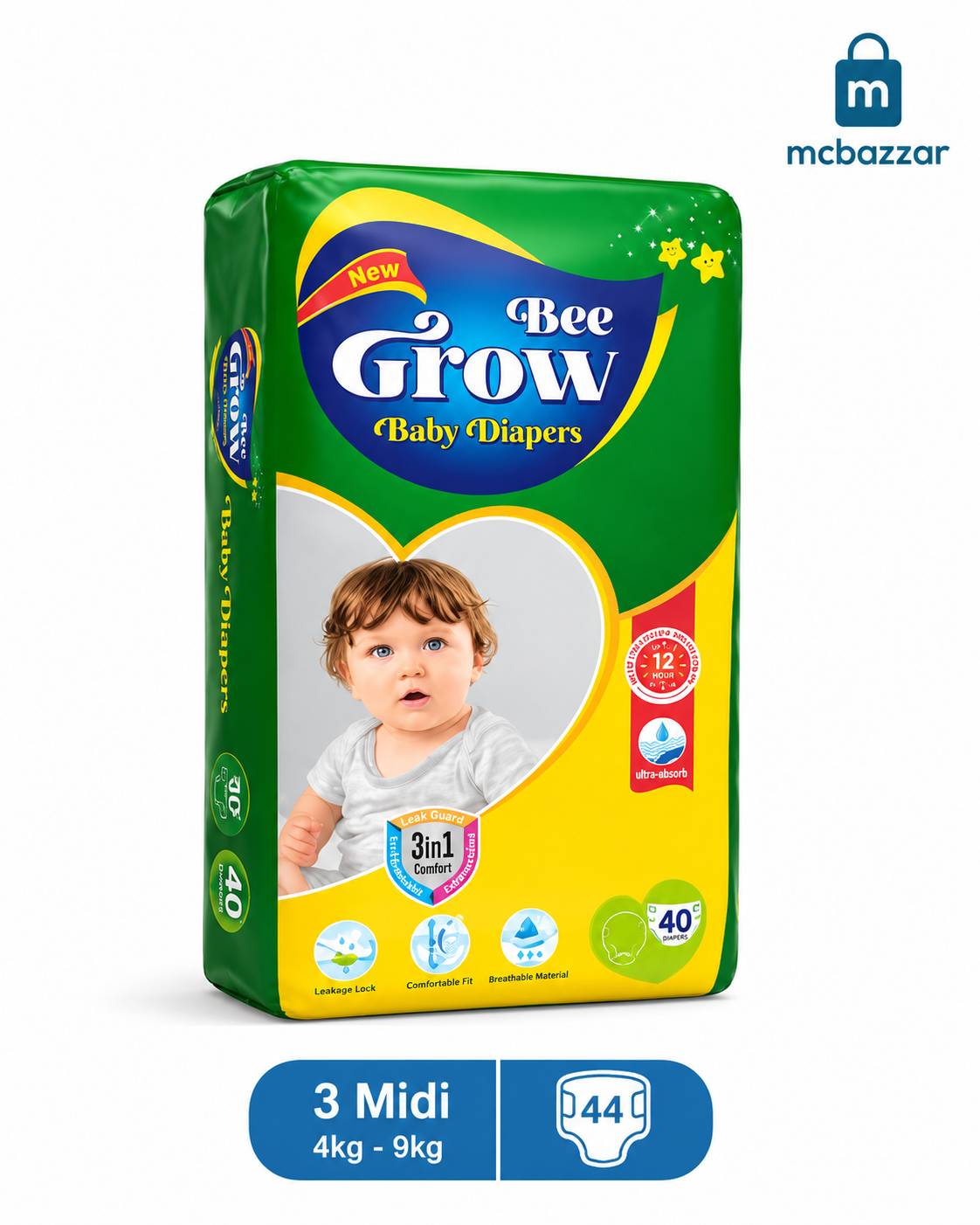 Bee Grow Baby Diapers 3 Midi - 4kg to 9kg - 44 Pcs