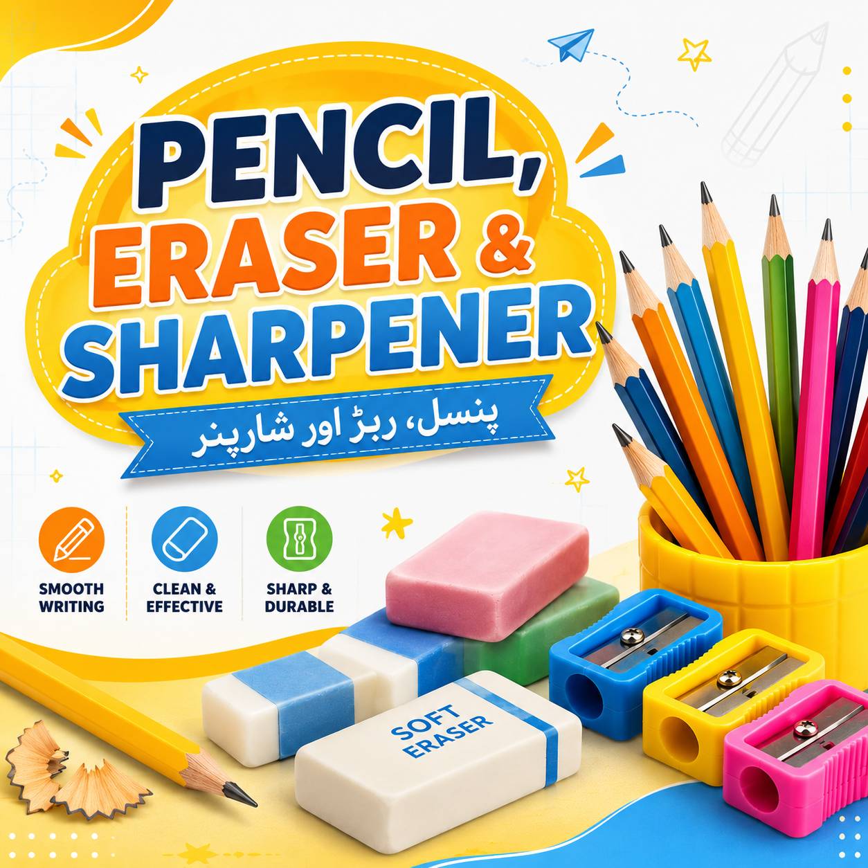 Pencil, Eraser & Sharpener | پنسل، ربڑ اور شارپنر