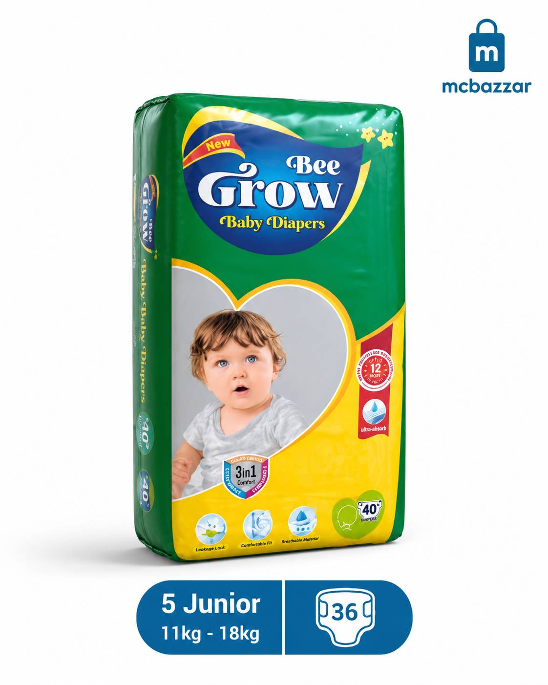 Bee Grow Baby Diapers 5 Junior - 11kg to 18kg - 36 Pcs